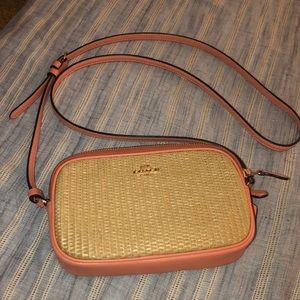 Pink Coach straw shoulder bag